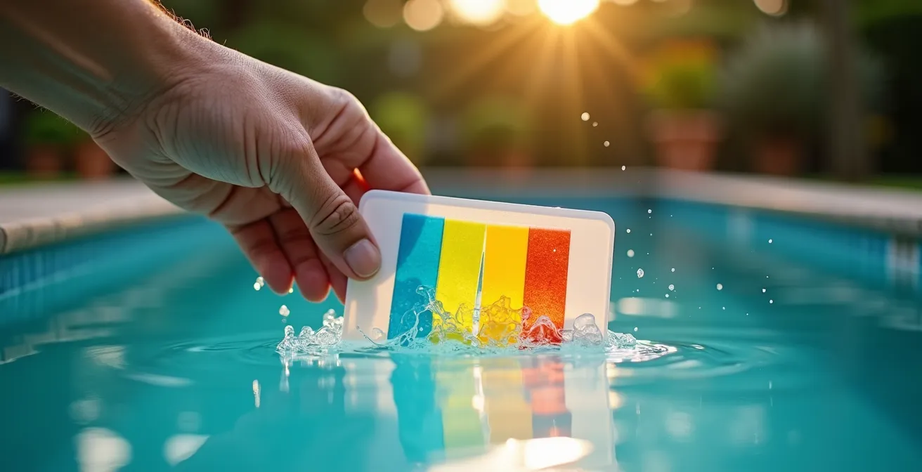 Main testant la qualité de l'eau d'une piscine avec bandelettes colorées