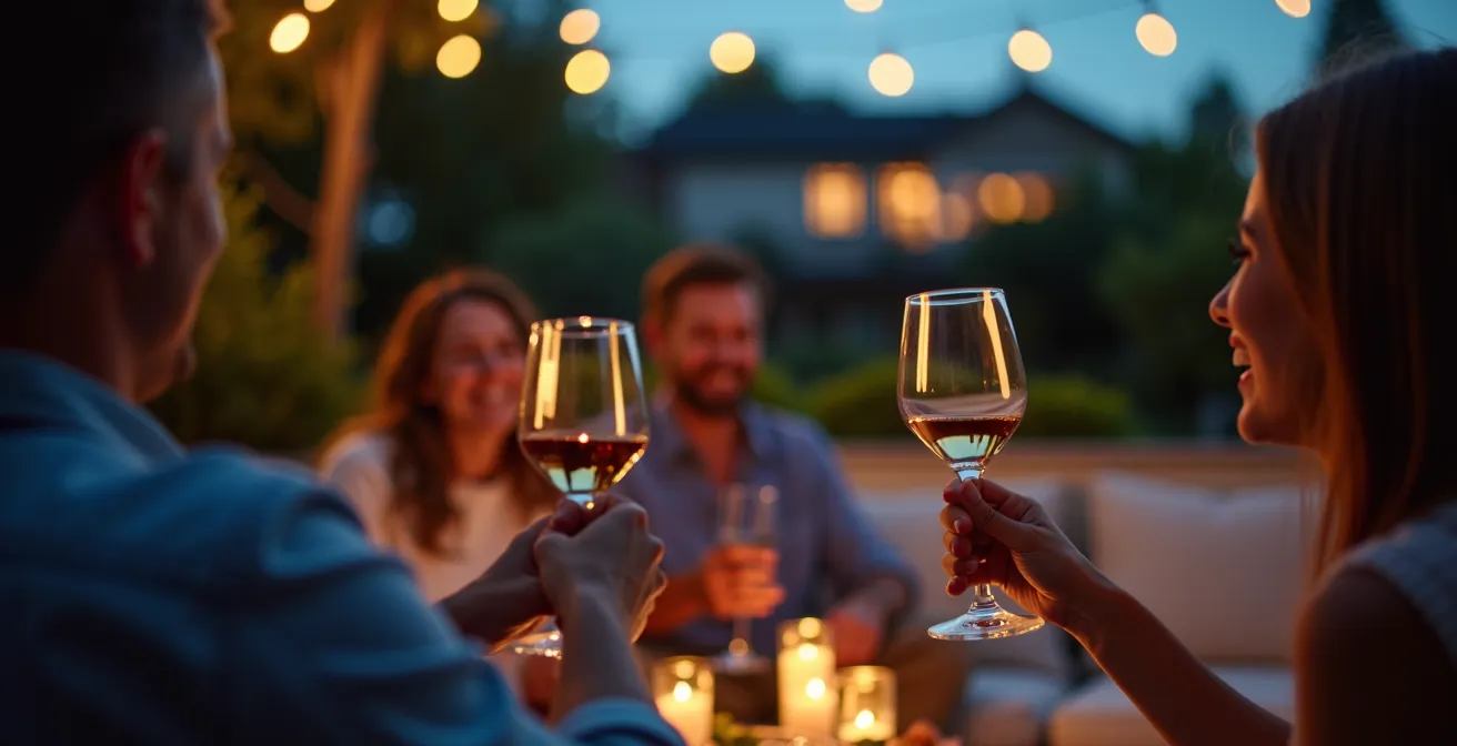 Ambiance chaleureuse d'un salon de jardin en soirée avec éclairage doux