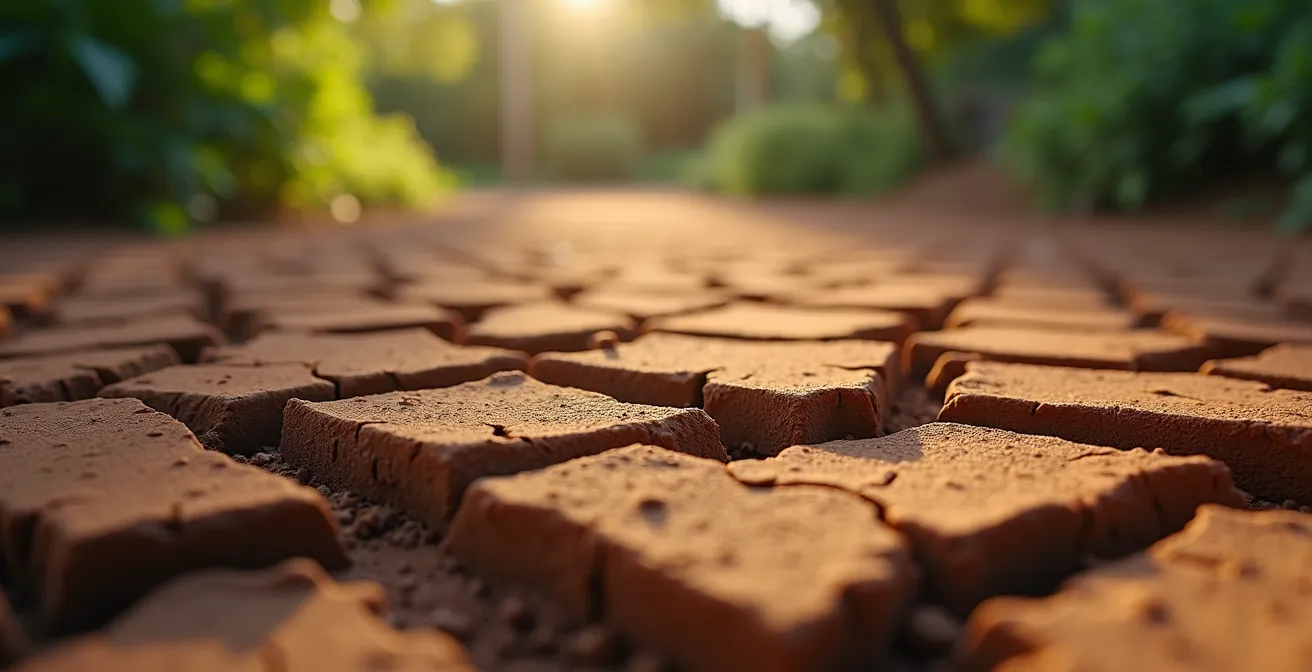 Gros plan sur sol argileux fissuré montrant les contraintes pour une piscine
