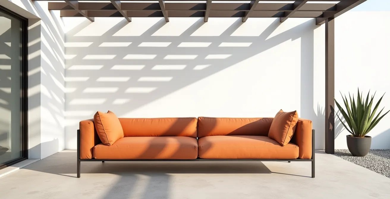 Canapé de jardin aux teintes terracotta avec tissu bouclé sur terrasse méditerranéenne