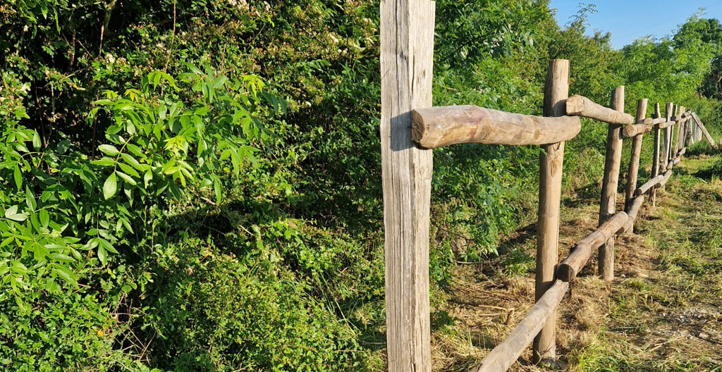 Deux mains tiennent un mètre ruban déployé au-dessus d'une pelouse, avec des piquets de marquage plantés dans le sol