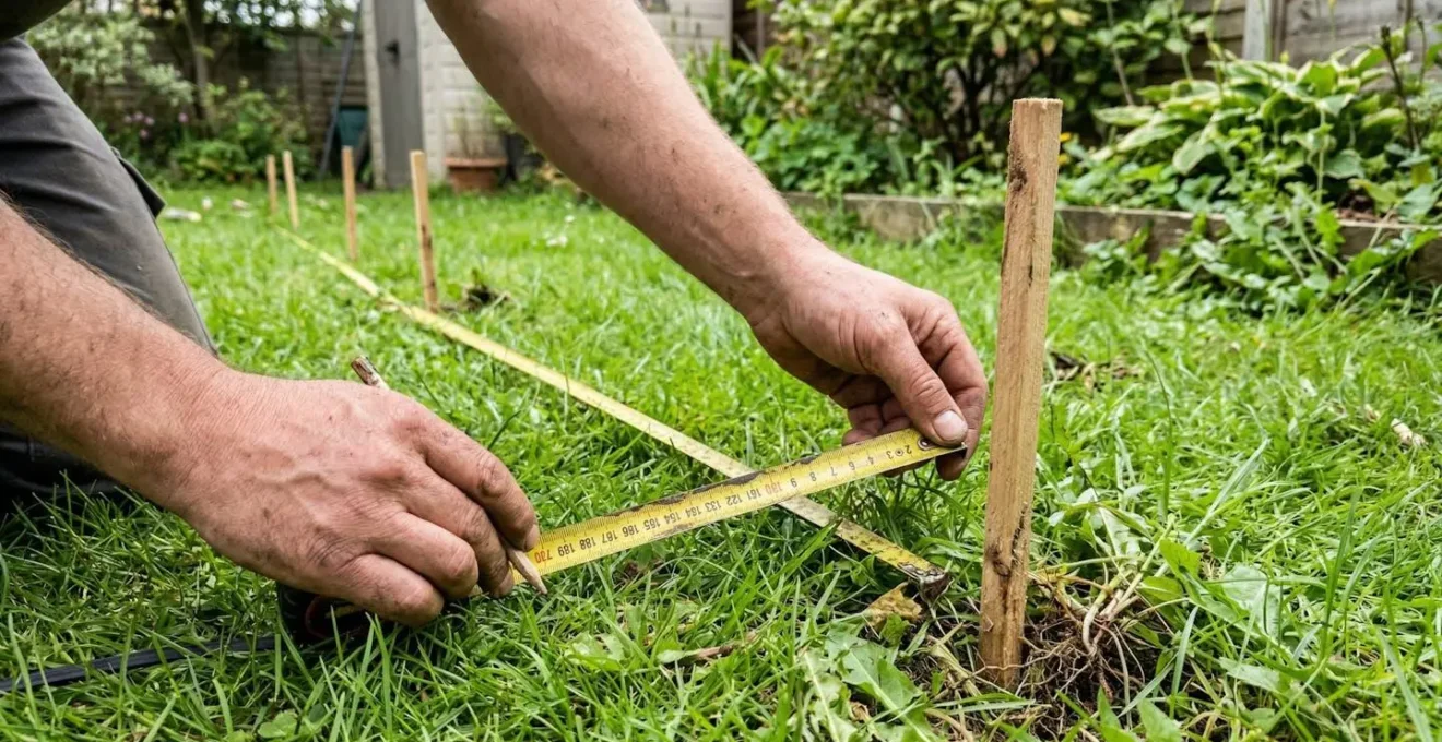 Deux mains tiennent un mètre ruban déployé au-dessus d'une pelouse, avec des piquets de marquage plantés dans le sol