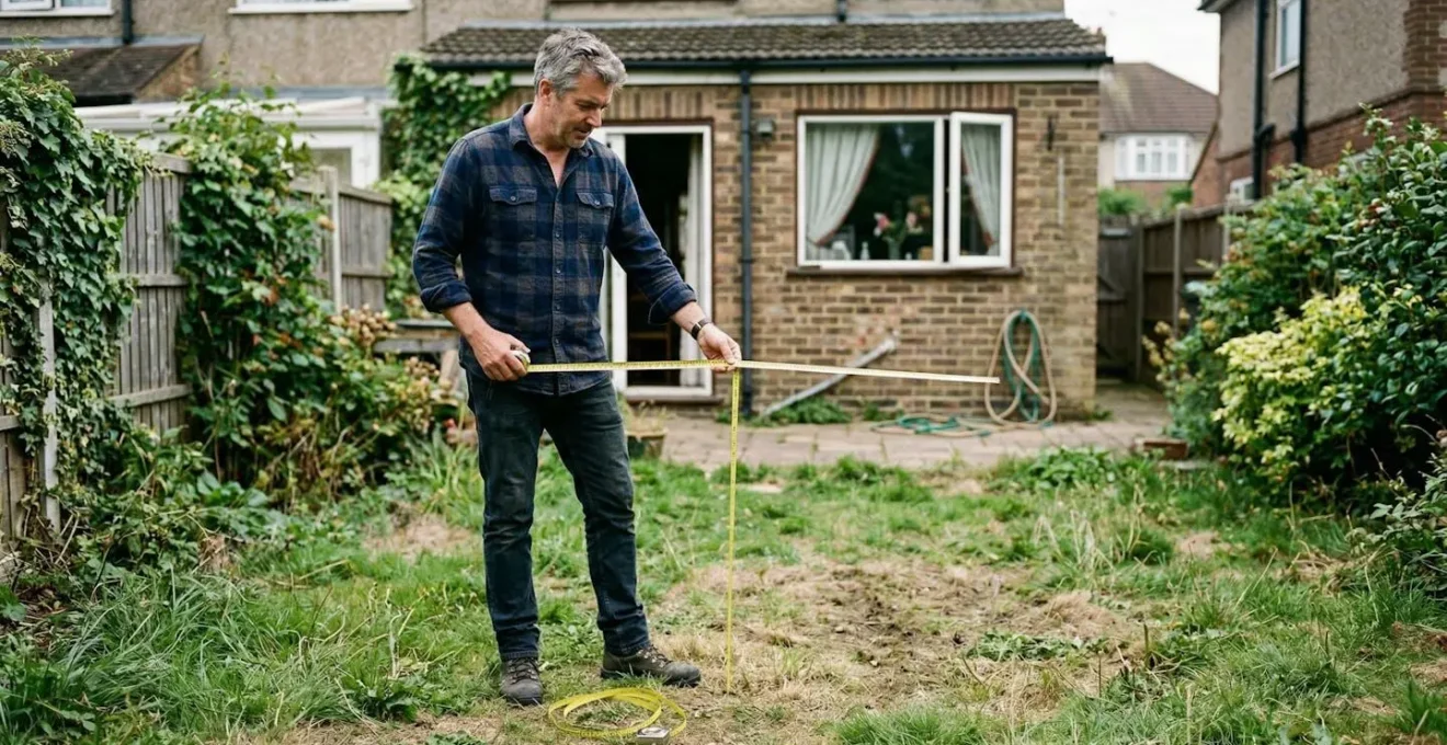 Une personne debout dans un jardin de maison tient un mètre ruban déployé, observant un espace vide de pelouse avec concentration